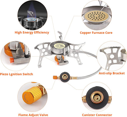 Ultimate Portable Camping Stove with Fuel Canister Adapter - 3900W Windproof Mini Gas Stove with Piezo Ignition for Hiking and Backpacking